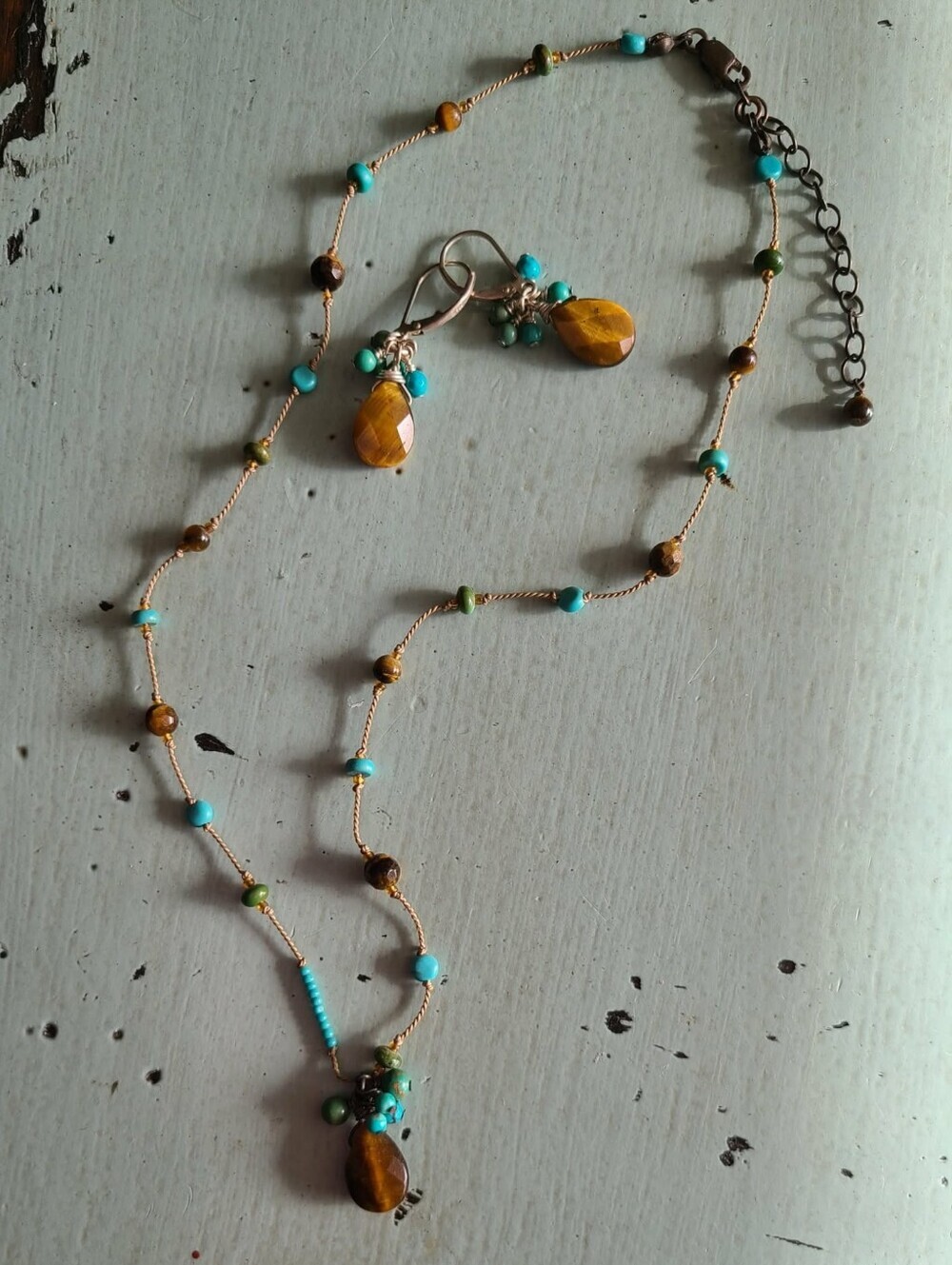 Handmade Turquoise and Tiger Eye Bead Necklace and Earring Set